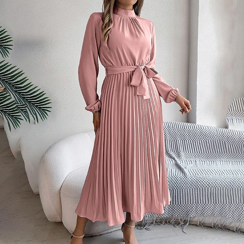 Women's Midi Dress Party Dress Cocktail Dress Satin Dress Elegant Fashion Modern Party Evening Party Regular Fit Plain Long Sleeve Stand Collar Black Pink Wine Green Fall Winter2