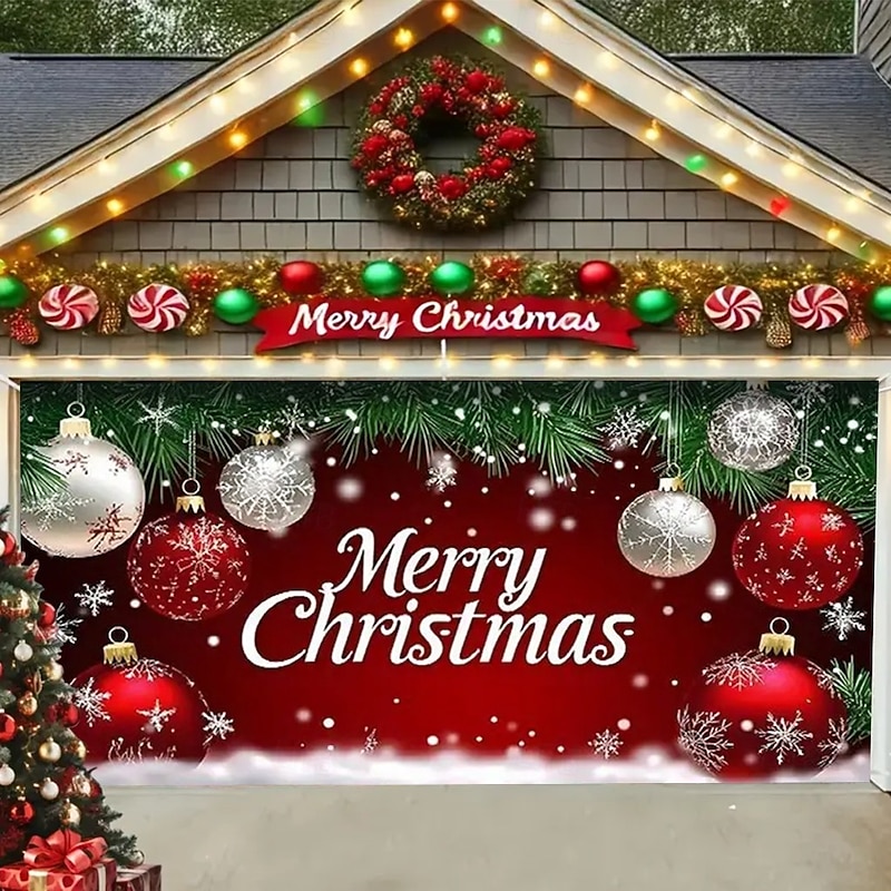 Christmas Garage Door Cover 2025 Xmas Red Bow and Green Pine Garland Backdrop Banner, Holiday Outdoor Garage Decoration for Winter Yard and Party3