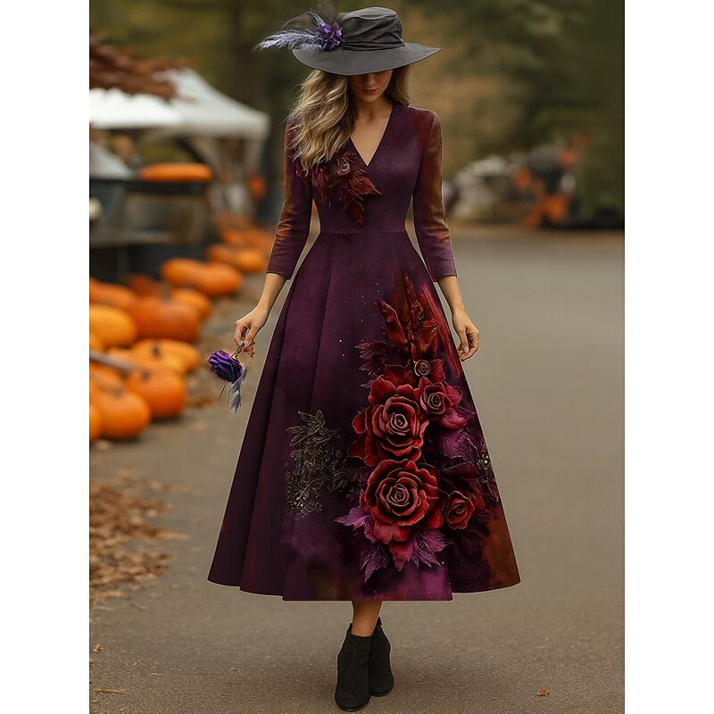 Halloween Women's Midi Dress Sundress A Line Dress Halter Dress Vacation Casual Wedding Party Birthday Regular Fit Floral Graphic 3/4 Length Sleeve V Neck Burgundy Purple Green Spring Fall2