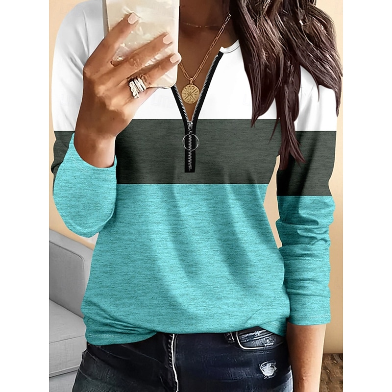 Women's T Shirt Graphic Geometric Vintage Fashion Stylish Long Sleeve Crew Neck Regular Tops Daily Zipper Print Pink Blue Green Spring Fall Winter2