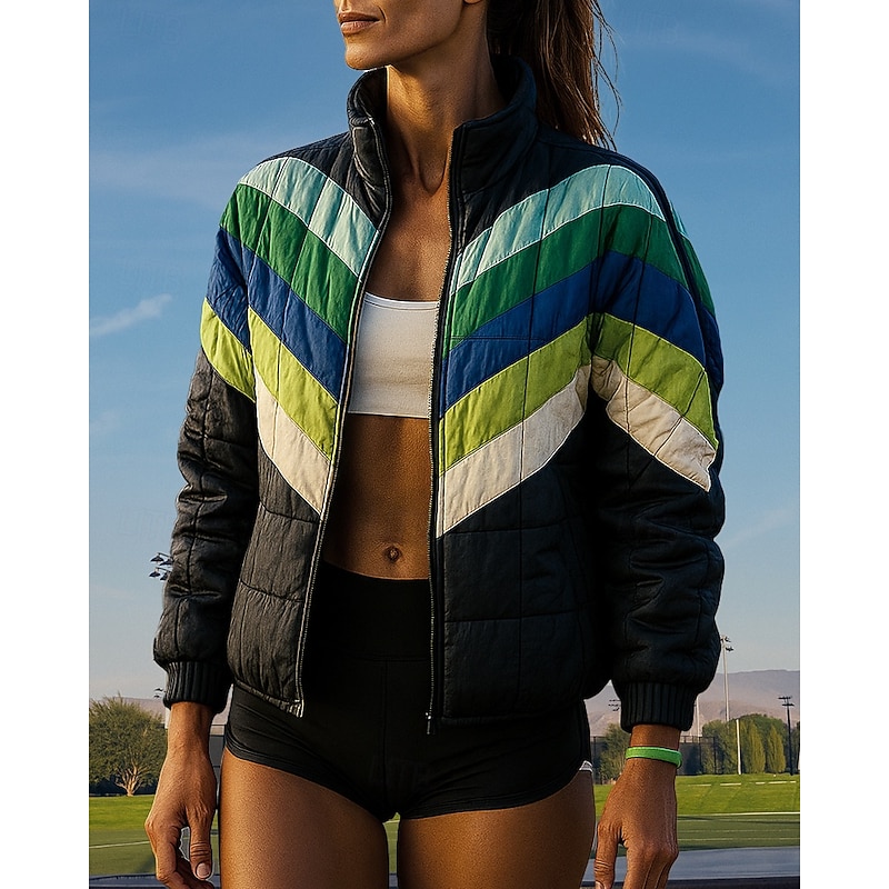 Women's Bomber Jacket Fleece Zip Up Jacket Long Sleeve Top Athleisure Fall Color Block Windproof Thick Warm Outdoor Travel Vacation Sportswear Activewear Black White Beige3