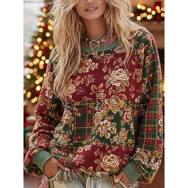 Women's Pullover Sweatshirts Floral Fashion Streetwear Classic Long Sleeve Round Neck Regular Tops Dailywear Casual Print Wine Spring Fall