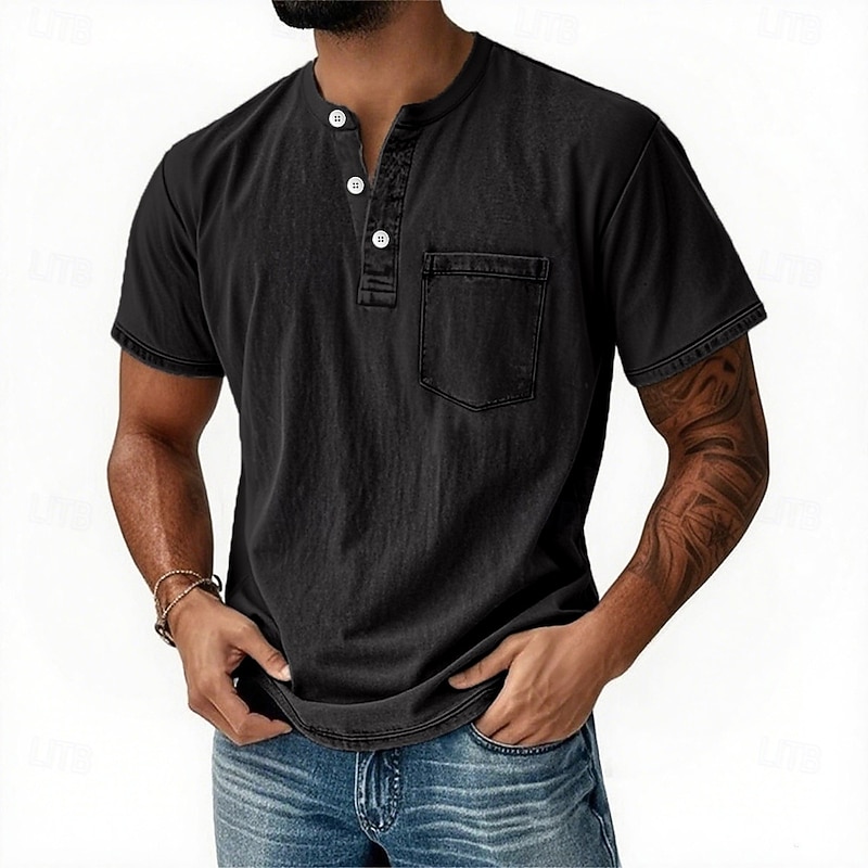 Men's Henley Shirt T shirt Tee Short Sleeve Retro Vintage Casual Casual Summer Spring Fall Black Pink Light Blue Purple Light Gray Henley Henley T-Shirt4
