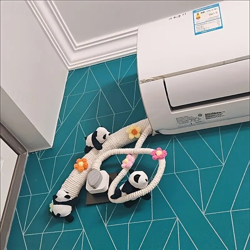 Air Conditioning & Heating Pipe Decoration Decorative Cover with Cute Panda & Floral Design 2pcs Panda with 50m White Rope and 12 Flowers Fabric Pipe Cover Suitable for Sewer, Air Conditioner Pipes4