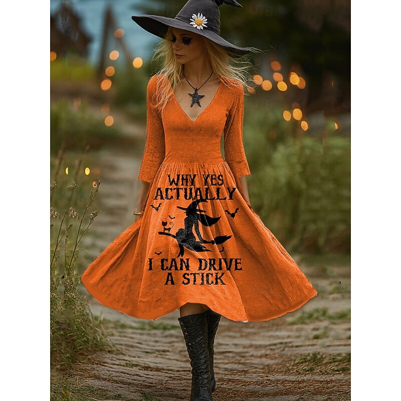 Halloween Women's Witch Print Midi Dress A Line Dress Vacation Casual Party Regular Fit Graphic Hocus Pocus Long Sleeve V Neck Black Orange Spring Fall2