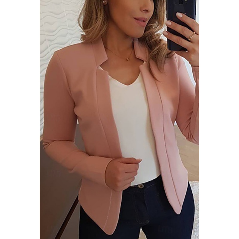 Women's Blazer Comfortable Breathable Slim Fit Casual Plain Office Street Casual Daily Wear Open Front Short Stand Collar Regular Fit Long Sleeve Outerwear Black White Yellow Spring Fall4