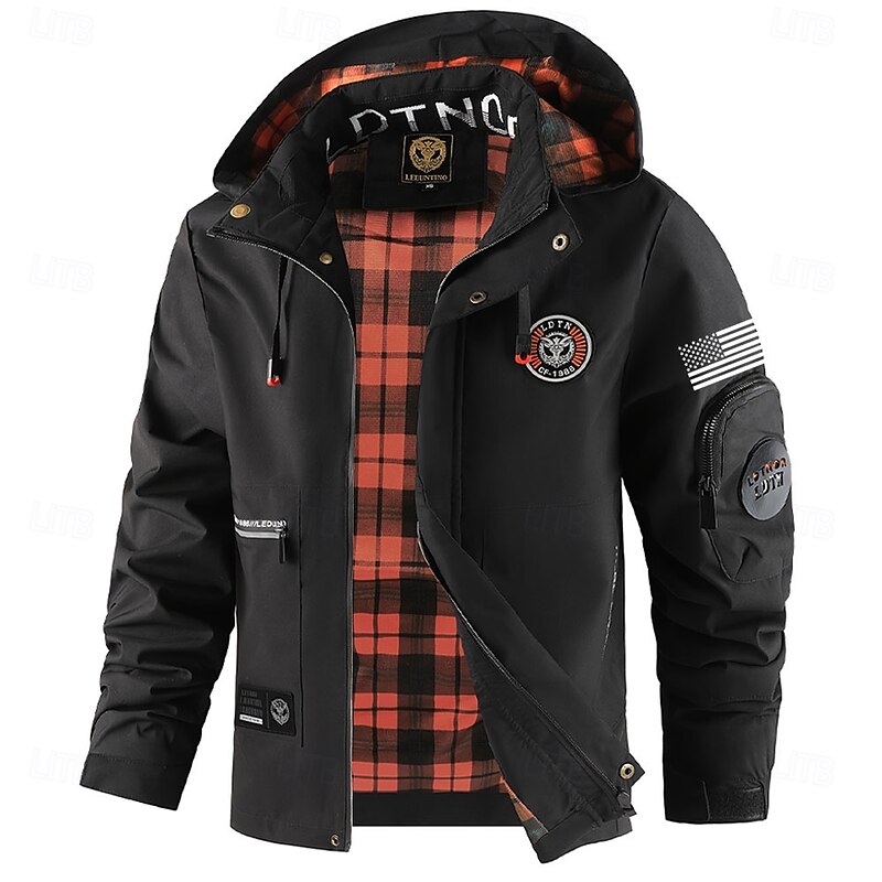 Men's US Flag Windbreaker Hooded Jacket Parka Waterproof Windproof Multi-Pockets Casual Outdoor Camping & Hiking Detachable Hood Full Zip Coat Outerwear Fall Winter Stand Collar Long Sleeve Black3