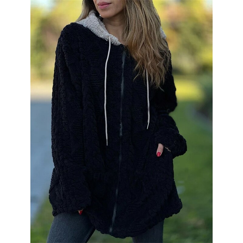 Women's Winter Coat Sherpa Jacket Comfortable Breathable Zipper Pocket Casual Plain Vacation Street Casual Daily Wear Zipper Short Hooded Regular Fit Long Sleeve Outerwear Black Wine Khaki Spring Fall4
