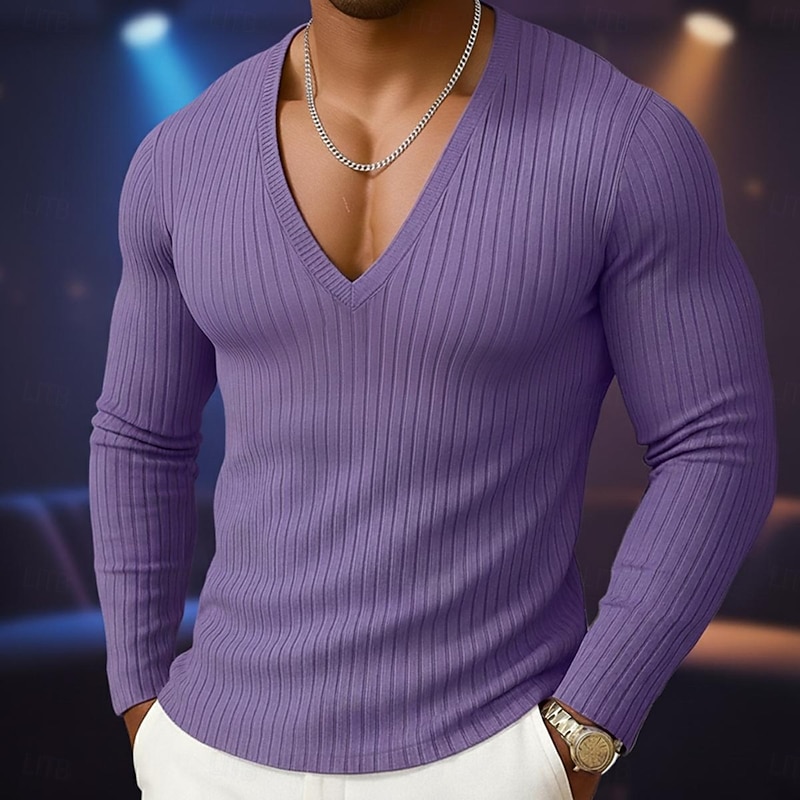 Men's T Shirt Ribbed Knit tee Tee Top Long Sleeve Shirt Long Sleeve Deep V Spring Fall Winter Solid Color Plain Pit Strip Fashion Designer Basic Knitting Vacation Street Casual White Navy Blue Blue3