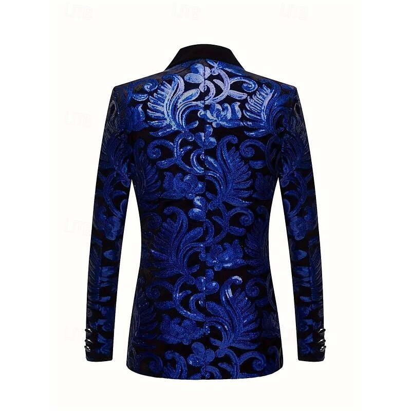 Men's Blazer Jacket Shawl Collar Party Floral Blazer Blue Tailored Fit Single Breasted One-button2