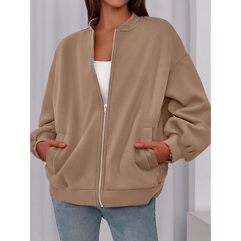 Women's Casual Jacket Comfortable Breathable Zipper Casual Plain Vacation Street Casual Daily Wear Zipper Regular Stand Collar Loose Fit Long Sleeve Outerwear Black White Red Spring Fall4