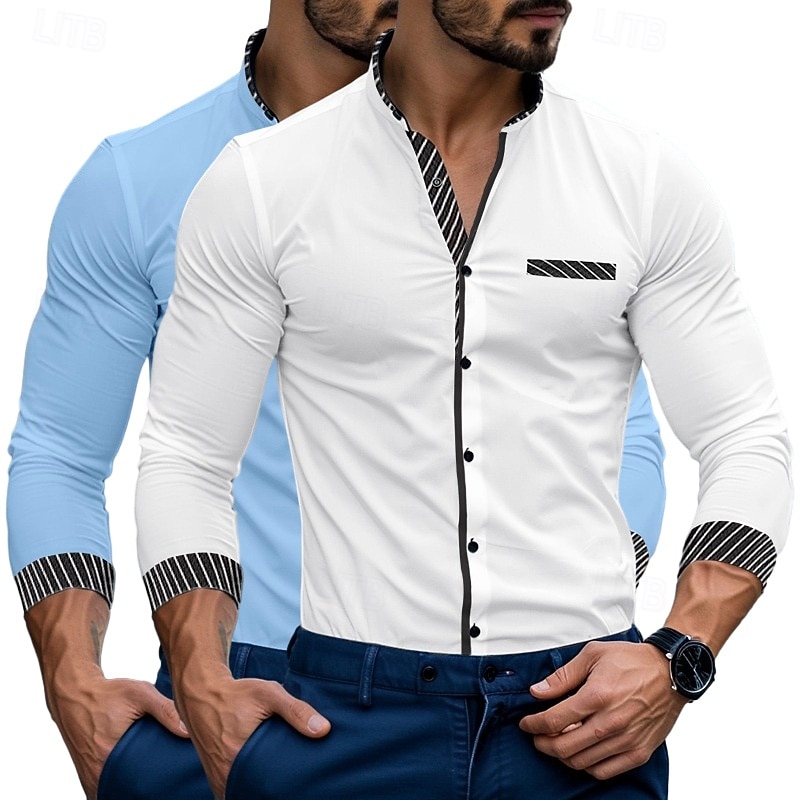 Men's Shirt Dress Shirt Casual Shirt Band Collar Shirt Button Up Shirt Stripe Formal Business White+Red White+Blue Blue+Red Long Sleeve Mandarin Collar Spring & Summer All Seasons Clothing Apparel2