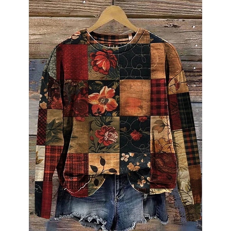 Women's Sweatshirts Floral Graphic Vintage Casual Long Sleeve Crew Neck Regular Tops Street Dailywear Casual Print Yellow Red Brown Khaki Spring Fall Winter4