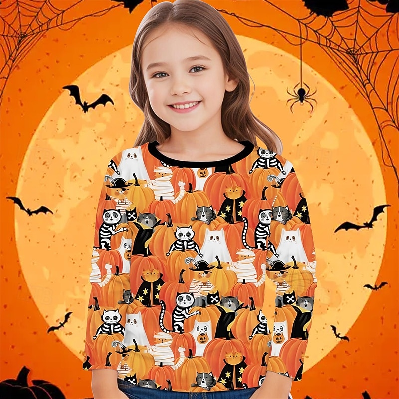 Halloween Girls' 3D Cartoon Pumpkin T shirt Tee Long Sleeve Spring Fall Fashion Basic Kids 4-12 Years Crew Neck Outdoor Casual Daily Regular Fit