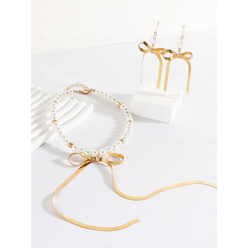 Women's Pearl Choker Necklace with Gold Bow Design - Elegant Party Jewelry for Evening, Cocktail and Special Occasions4
