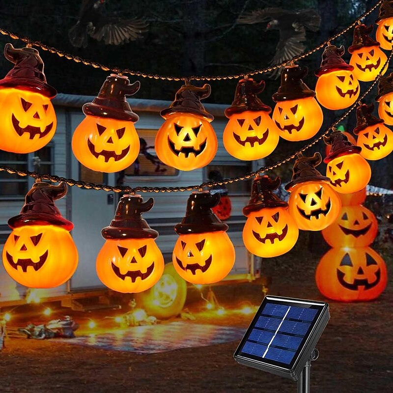 Solar Pumpkin String Lights 5m 20LEDs Outdoor Waterproof Cap Pumpkin Fairy Lights for Halloween Outdoor Patio Door Pumpkin Corridor Camping Party Porch Window Tree Decoration
