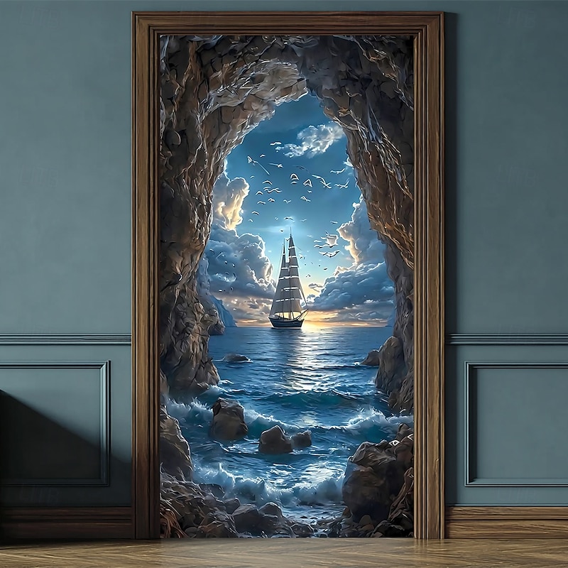 Door Cover Outdoor Banners Ocean Sailing Ship Aesthetic Mystic Bedroom Living Room Dorm Teens Room College Dorm Guys Man Cave Frat Bedroom Home Decor