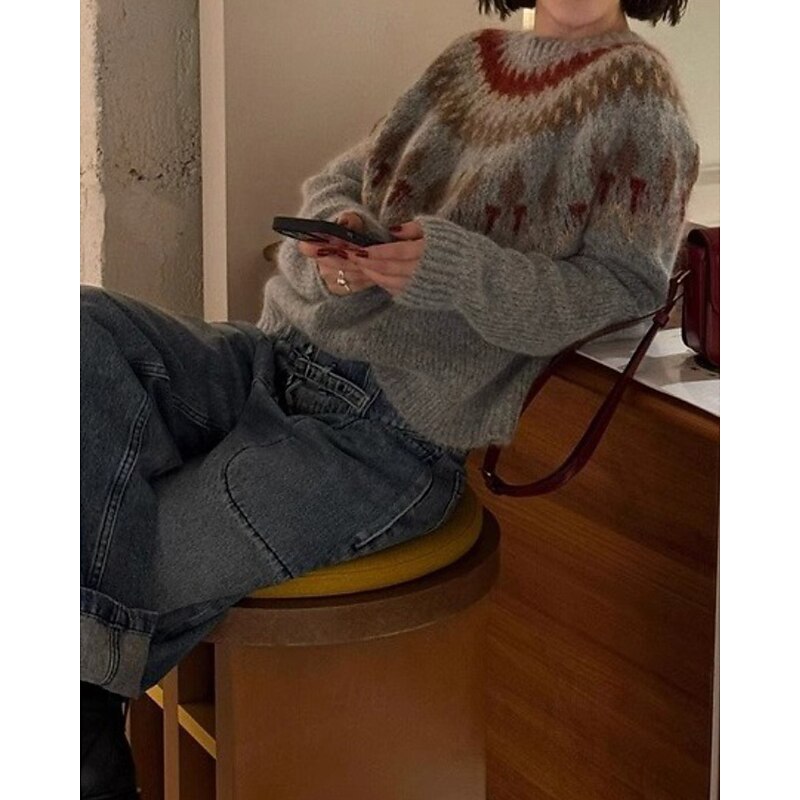 Women's Sweater Pullover Streetwear Casual Floral Crew Neck Knitted Print Long Sleeve Regular Tops Knit Christmas Daily Going out Navy Blue Gray Fall Winter3