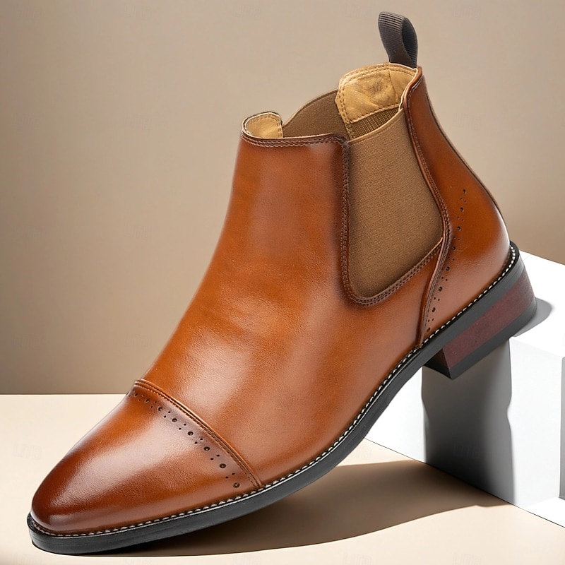Men's Polished Brown Chelsea Boots with Pointed Toe Elegant Ankle Dress Boots for Business Meetings, Weddings and Evening Outings
