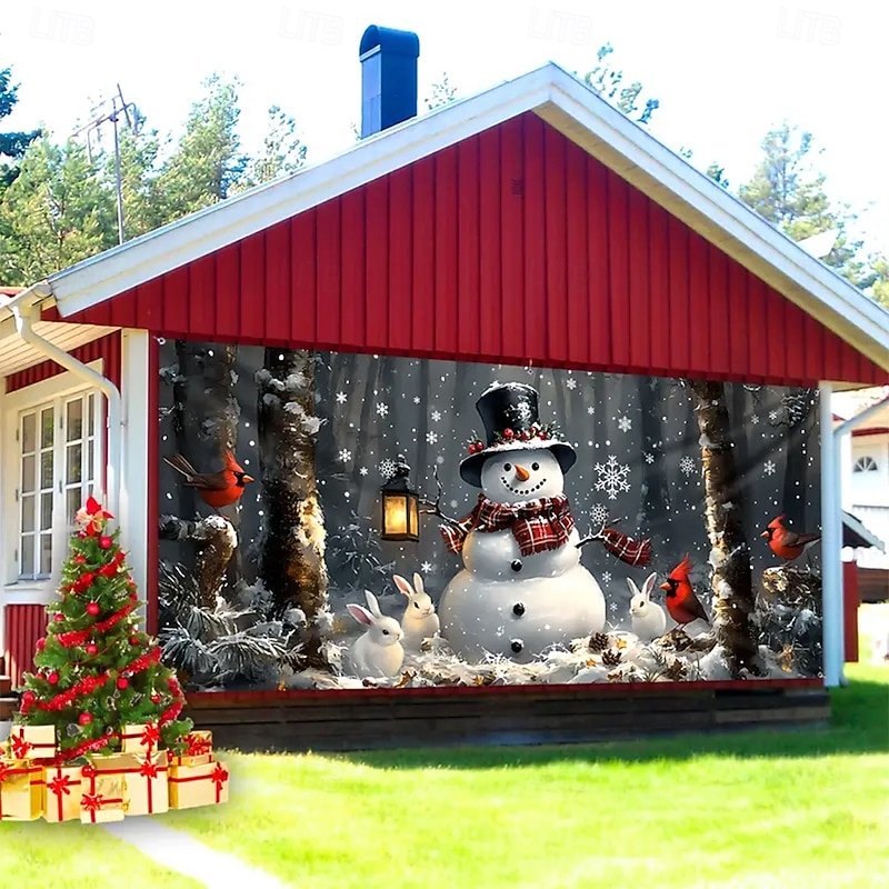 Christmas Tapestry Garage Door Cover Large Hanging Backdrop Snowman Cute 3D Party Outdoor Holiday Shooting Backgrounds Yard Home Decor