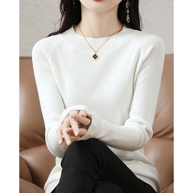 Women's Sweater Pullover Elegant Fashion Streetwear Pure Color Ribbed Crew Neck Knitted Long Sleeve Regular Tops Knit Outdoor Daily Weekend White Red Fall Winter