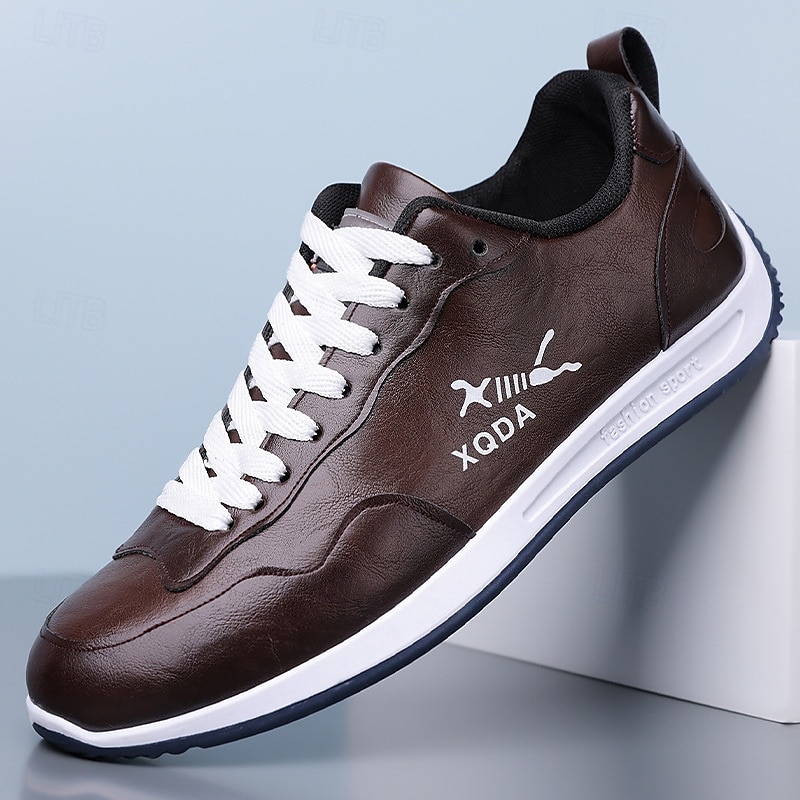 Men's Brown Faux Leather Casual Sneakers – Lightweight Lace-Up Sport Shoes for Walking, Travel and Everyday Wear