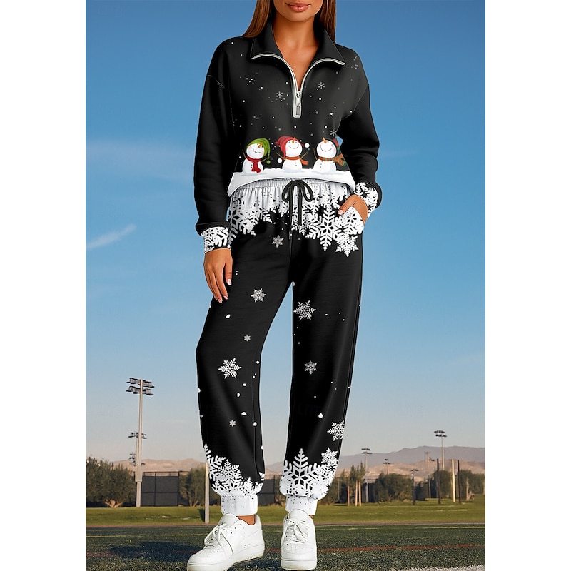 Christmas Women's Sweatshirt Tracksuit 2 Piece Tracksuit Drawstring Zip Up Clothing Suit Fall Black Vocation Outdoor Travel Lightweight Fashion Long Sleeve Sport Activewear Stretchy Regular Fit