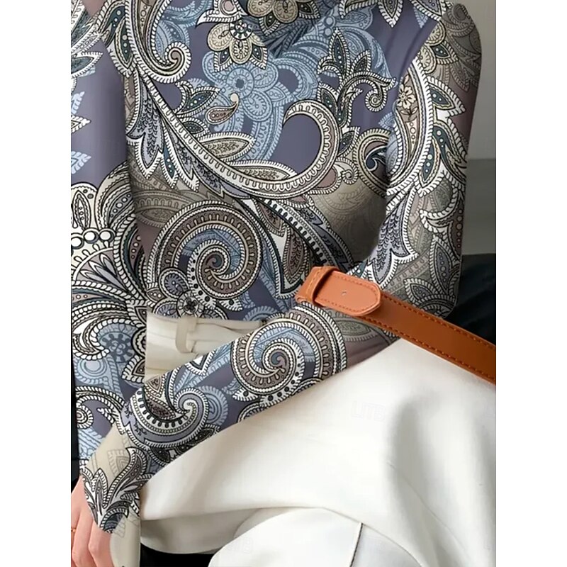 Women's T Shirt Graphic Paisley Elegant Vintage Fashion Long Sleeve High Neck Asymmetric Neck Regular Tops Daily Print Dusty Blue Spring Fall Winter3
