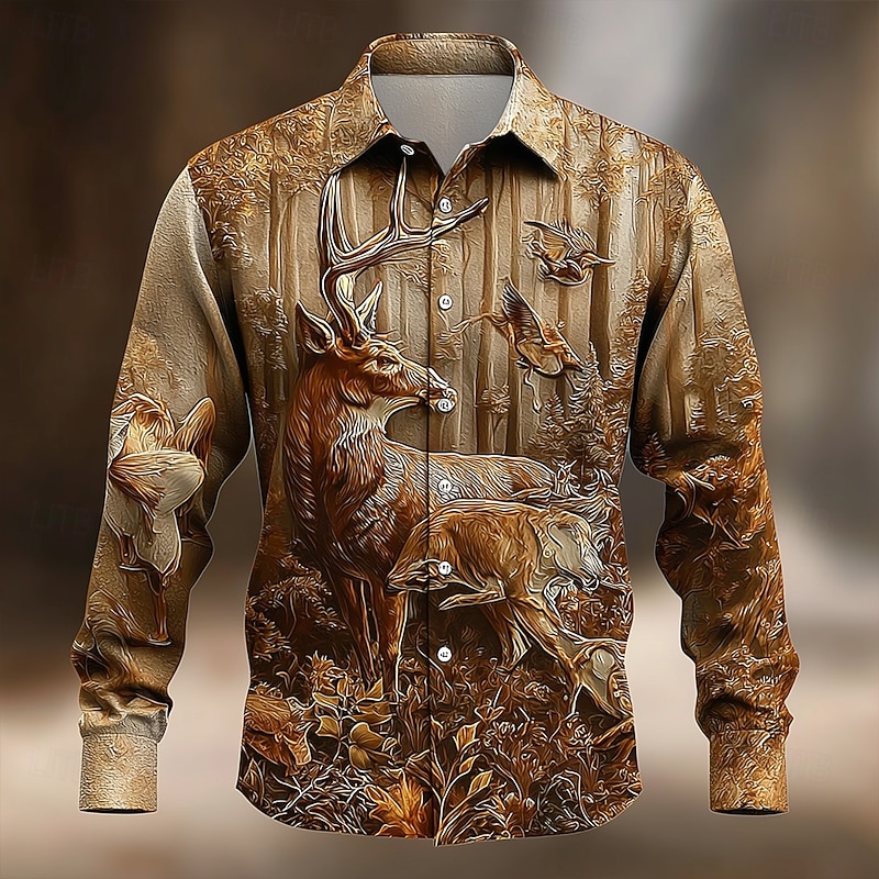 Men's Bird Reindeer Forest Shirt Button Up Shirt Long Sleeve Vintage Retro Outdoor Camping & Hiking Hunting Spring Fall Turndown 3D Print Collared Shirts Brown