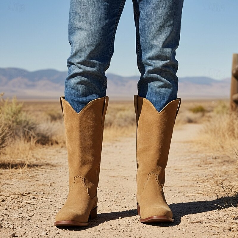 Men's Brown Suede Western Cowboy Boots with Pull Tabs and Classic Stitching - Vintage Style Mid-Calf Boots2