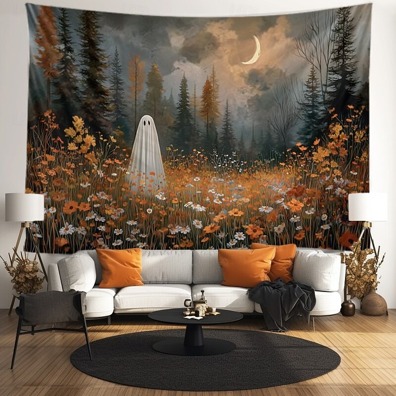 Halloween Black Cat Pumpkin Window Wall Tapestry – Autumn Fall Leaves Bookshelf Gothic Wall Art Backdrop Large Hanging Mural Blanket Curtain for Bedroom Living Room Home Decoration4