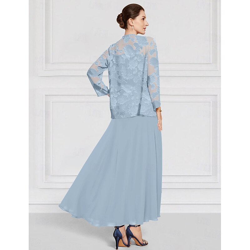 SkyBurnt Out Floral Lace Two Piece A-Line Mother of the Bride Dress Elegant Simple Minimalist Boat Neck Floor Length Chiffon 3/4 Length Sleeve with Jacket2