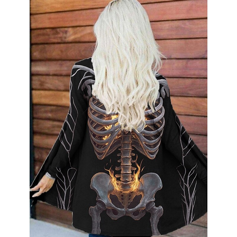 Women's Coat Lightweight Comfortable Print Vintage Fashion Artistic Casual Skull Casual Long Collarless Regular Fit Long Sleeve Outerwear Black White Orange Spring Fall3