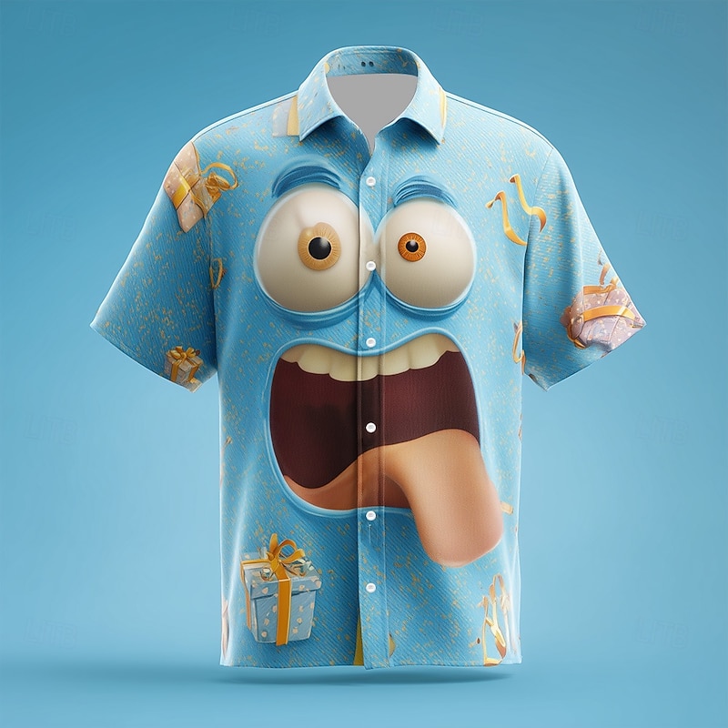 Christmas Men's Smile Face funny christmas Color-blocking Shirt Button Up Shirt Short Sleeve Funny Outdoor Holiday Summer Spring Turndown 3D Print Collared Shirts White Red Blue3