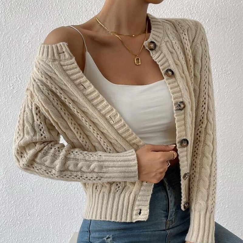 Women's Sweater Cardigan Streetwear Casual Solid Color Cable Crew Neck Buttons Knitted Long Sleeve Regular Tops Knit Daily Going out Weekend Brown Apricot Fall Winter3