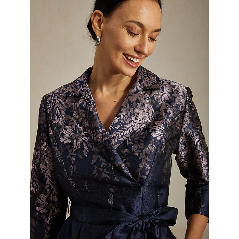 Women's Midi Dress Sheath Dress Elegant Birthday Floral 3/4 Length Sleeve Shirt Collar Navy Blue Summer Spring Fall Winter3