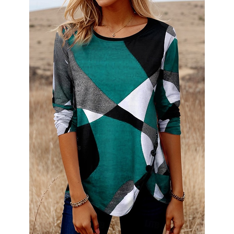 Women's T Shirt Graphic Geometric Vintage Stylish Ethnic Long Sleeve Crew Neck Regular Tops Daily Buttons Print Asymmetrical Red Blue Purple Green Spring Fall4