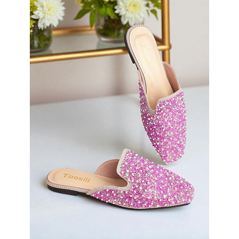 Women's Pink Rhinestone and Pearl Embellished Mules - Glamorous Nightlife Party and Clubwear Shoes2