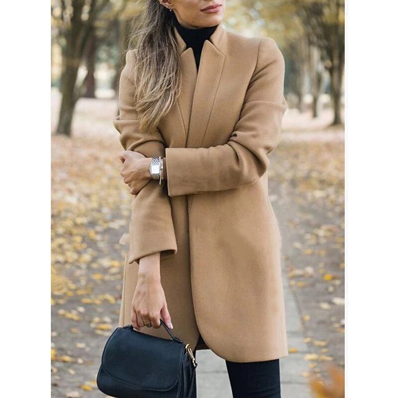 Women's Winter Jacket Warm Breathable Slim Fit Elegant Casual Plain Vacation Street Casual Daily Wear Open Front Long Stand Collar Regular Fit Long Sleeve Outerwear Yellow Brown Khaki Fall Winter3