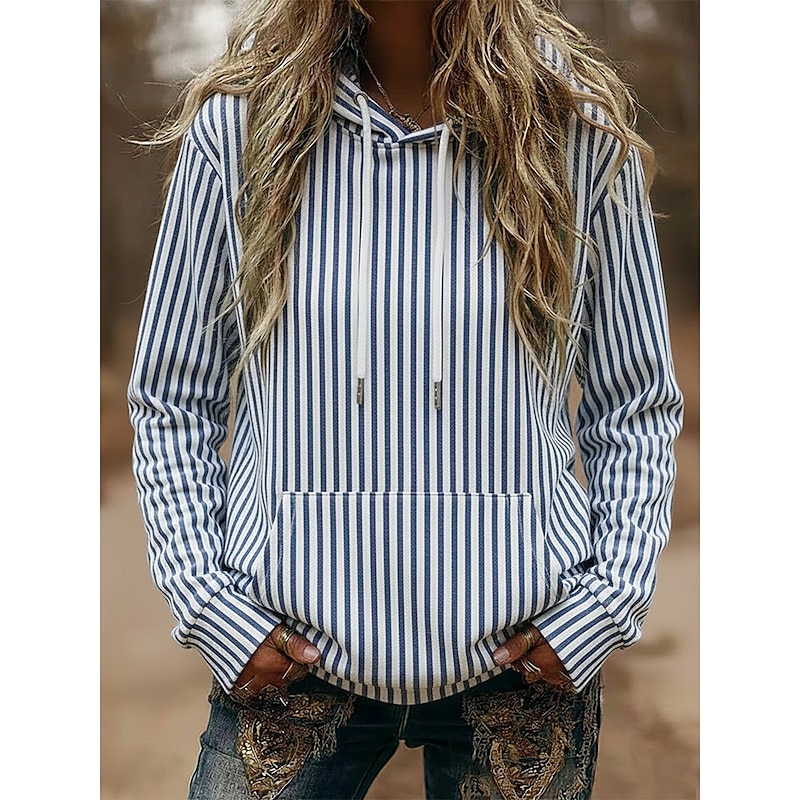 Women's Pullover Hoodies Striped Fashion Streetwear Casual Long Sleeve Hooded Regular Tops Dailywear Casual Sports Drawstring Pocket Print Black Blue Green Spring Fall2