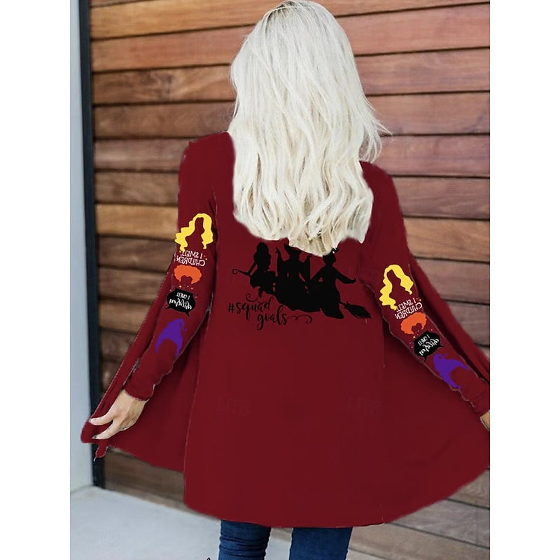 Halloween  Women's Winter Coat Trench Coat Lightweight Comfortable Witch Print Open Front Vintage Fashion Casual Vacation Casual Long Collarless Loose Fit Long Sleeve Outerwear Black White Red4