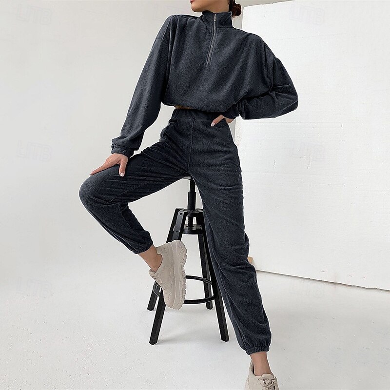 Women's Fashion Streetwear Pants Sets Bolero Top Sweatshirt Long Sleeve Stand Collar Solid Color Zipper Outdoor Work Casual Black Spring Regular Fit4