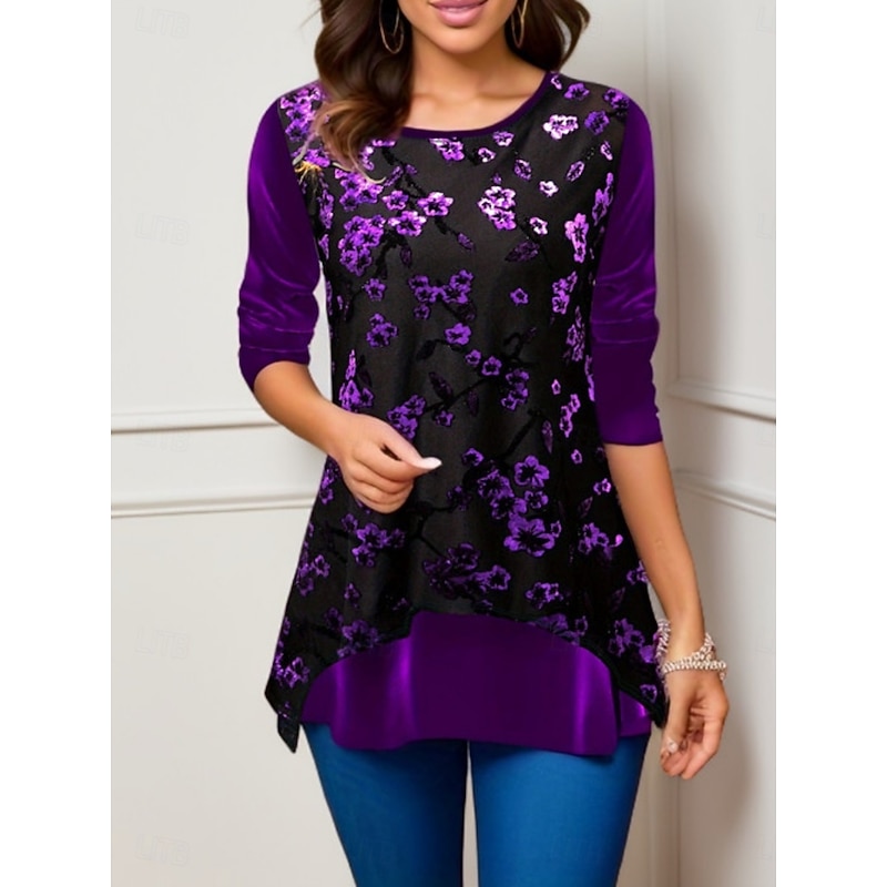 Christmas Women's Blouse Floral Elegant Stylish Casual Long Sleeve Crew Neck Regular Tops Daily Sequins Patchwork Print Silver Wine Purple Fuchsia Gold Spring Fall Winter3