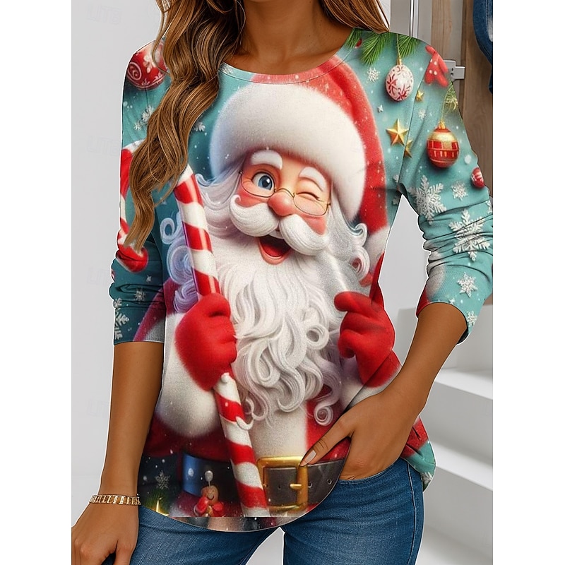 Christmas Women's T Shirt Santa Claus Snowflake Vintage Stylish Classic Long Sleeve Crew Neck Round Neck Regular Tops Weekend Print Red Blue Green Dark Gray Gray Winter4