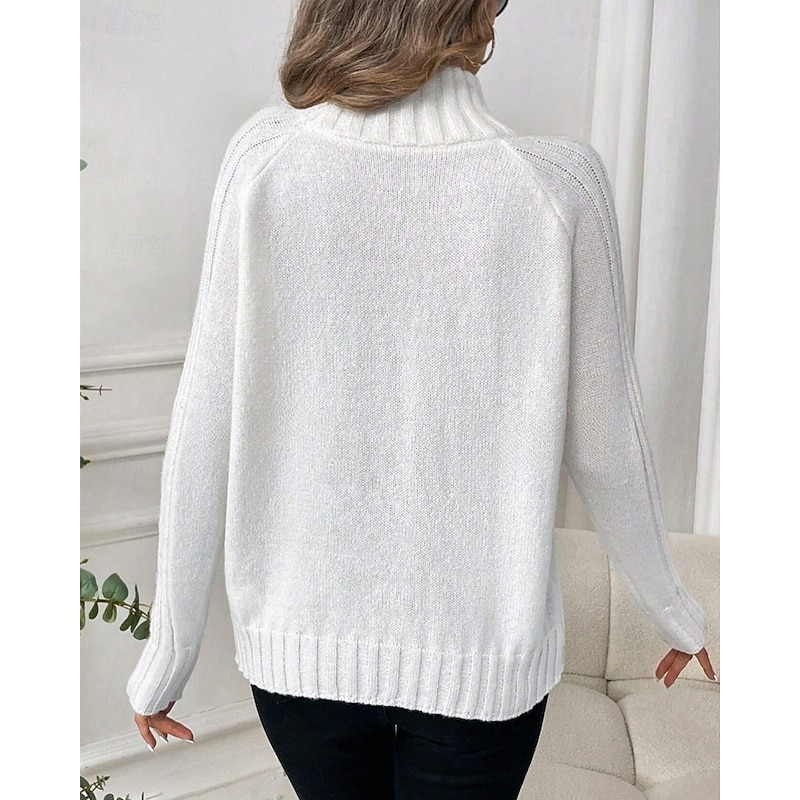 Women's Sweater Pullover Fashion Casual Solid Color Ribbed Turtleneck Knitted Long Sleeve Regular Tops Knit Outdoor Daily Weekend White Fall Winter3