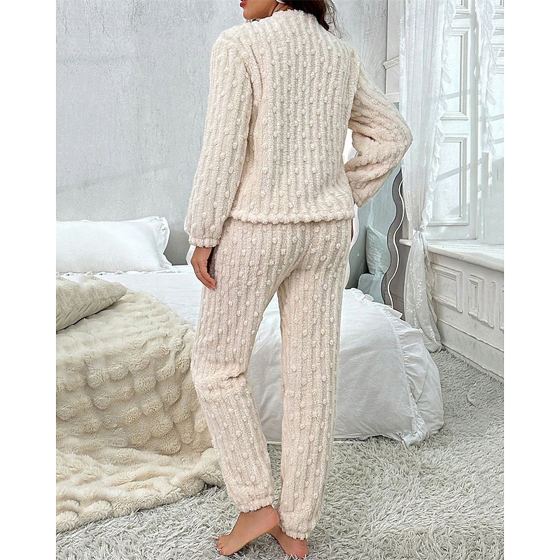Women's Loungewear Pajama Set 2 Pieces Casual Comfort Pure Color Elastic Waist T Shirt Pant Home Daily Long Sleeve Crew Neck Beige Fall Winter Regular Fit3
