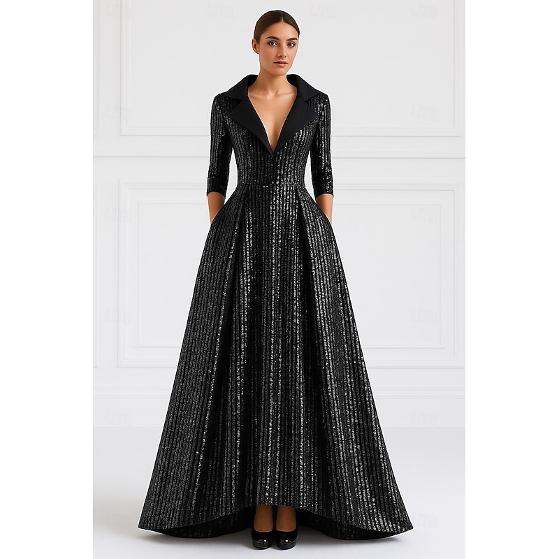Black Blazer Tuxedo Dress Sequin A-Line Formal Wedding Wedding Guest Elegant Vintage 3/4 Length Sleeve Floor Length Notched Lapels Zipper