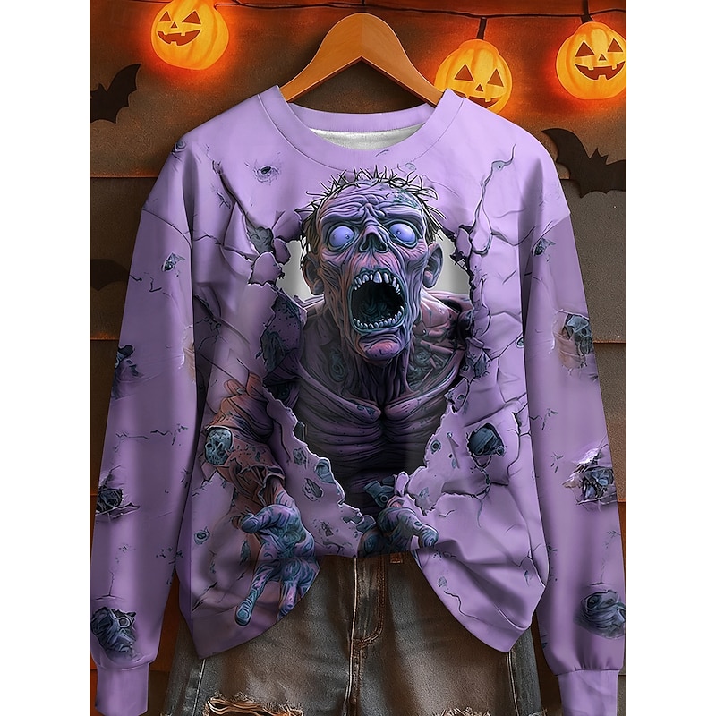Halloween Women's Pullover Sweatshirt Graphic Skull Fashion Casual Long Sleeve Crew Neck Regular Tops Street Dailywear Casual Print Pink Blue Purple Green Fall Winter3