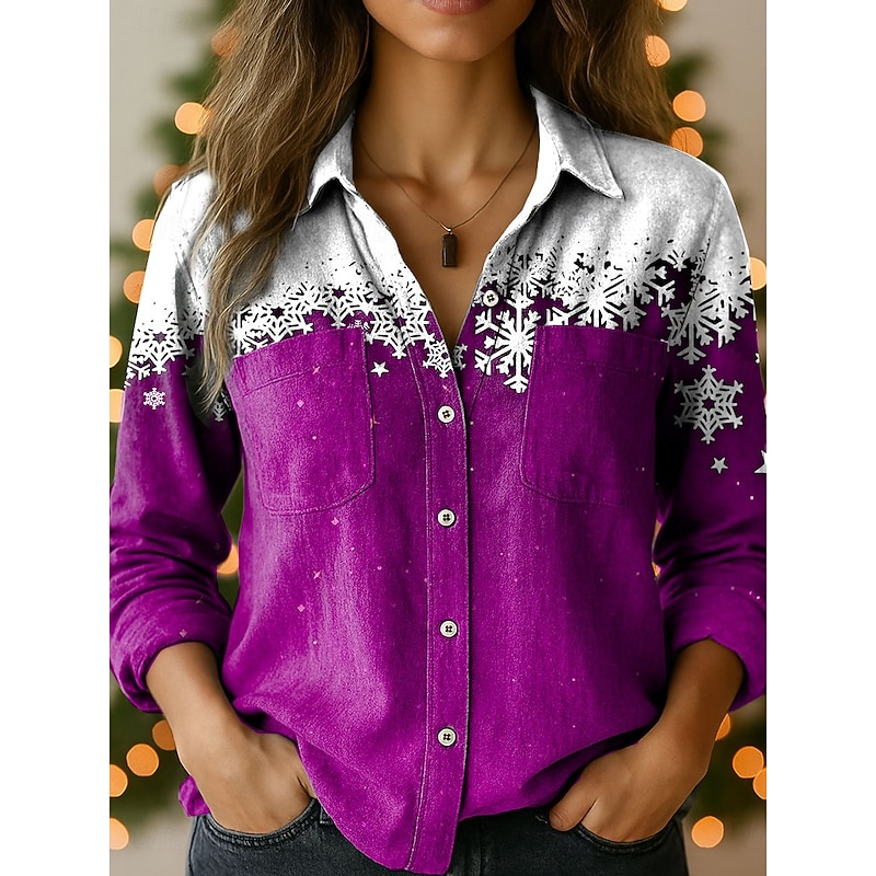 Christmas Women's Shirt Graphic Snowflake Elegant Vintage Tropical Long Sleeve Shirt Collar Regular Tops Daily Holiday Pocket Buttons Print Red Blue Purple Brown Green Spring Fall Winter3
