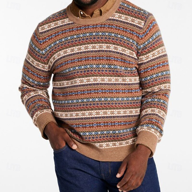 Christmas Men's Geometic Fair isle Sweater Pullover Sweater Jumper Knitwear Crewneck Casual Vacation Daily 3D Print Keep Warm Long Sleeve Spring Fall Winter Black Blue Brown